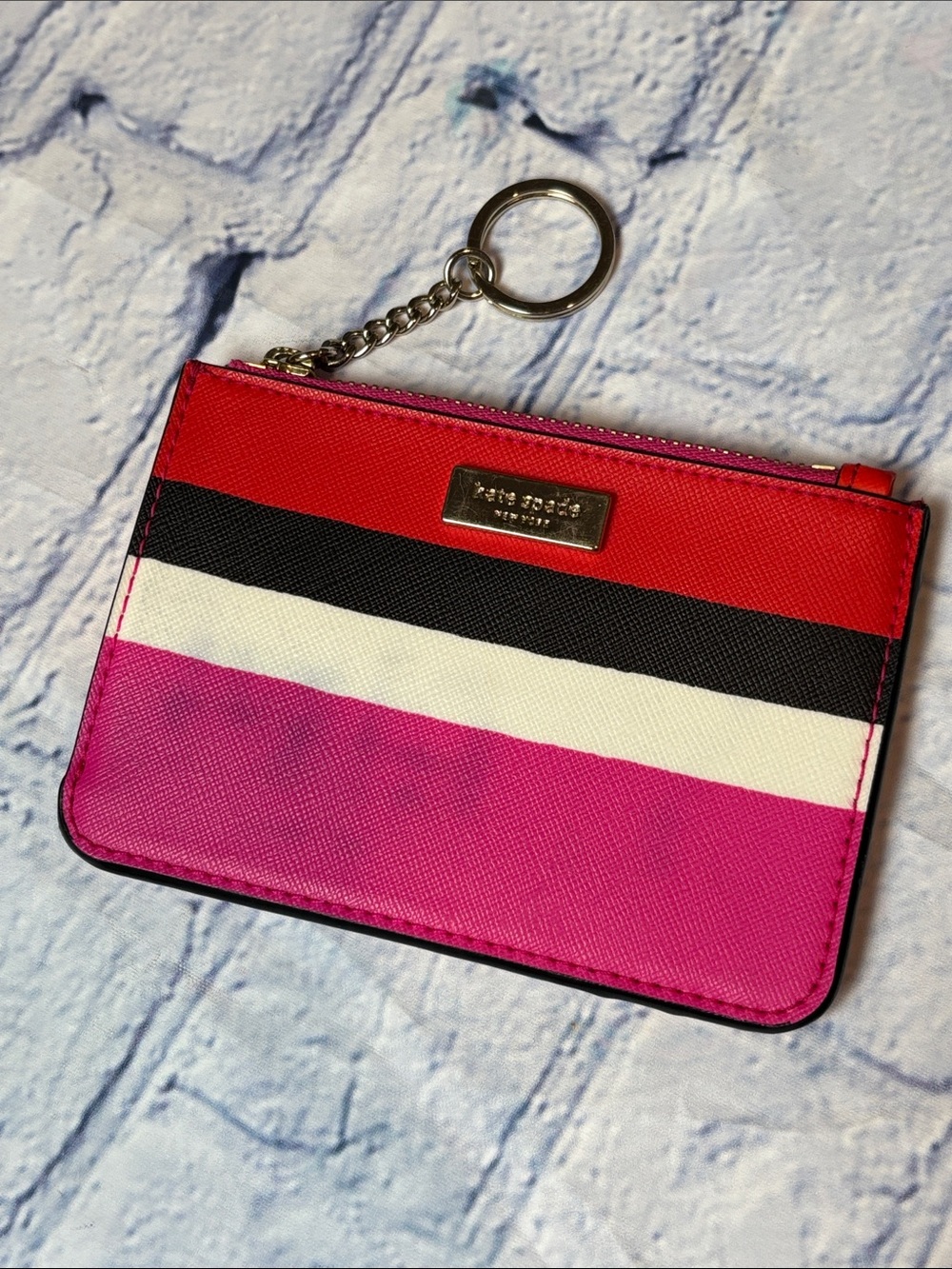 kate spade Multicolor Stripe Card Holder Keychain - Red, Pink, Black & White